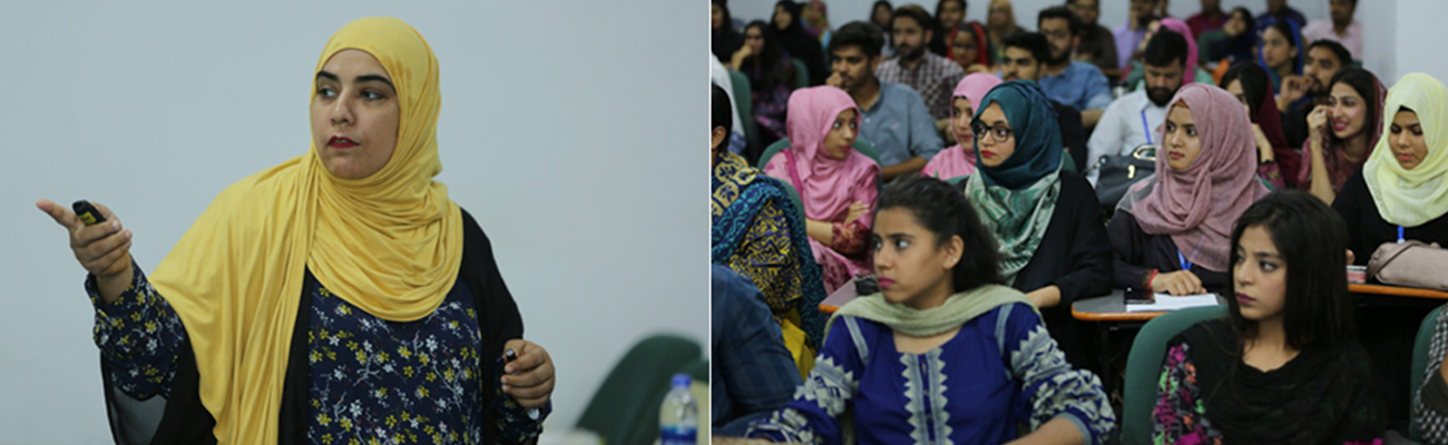 Dr. Irum Saba speaks at a guest speaker session at Iqra University